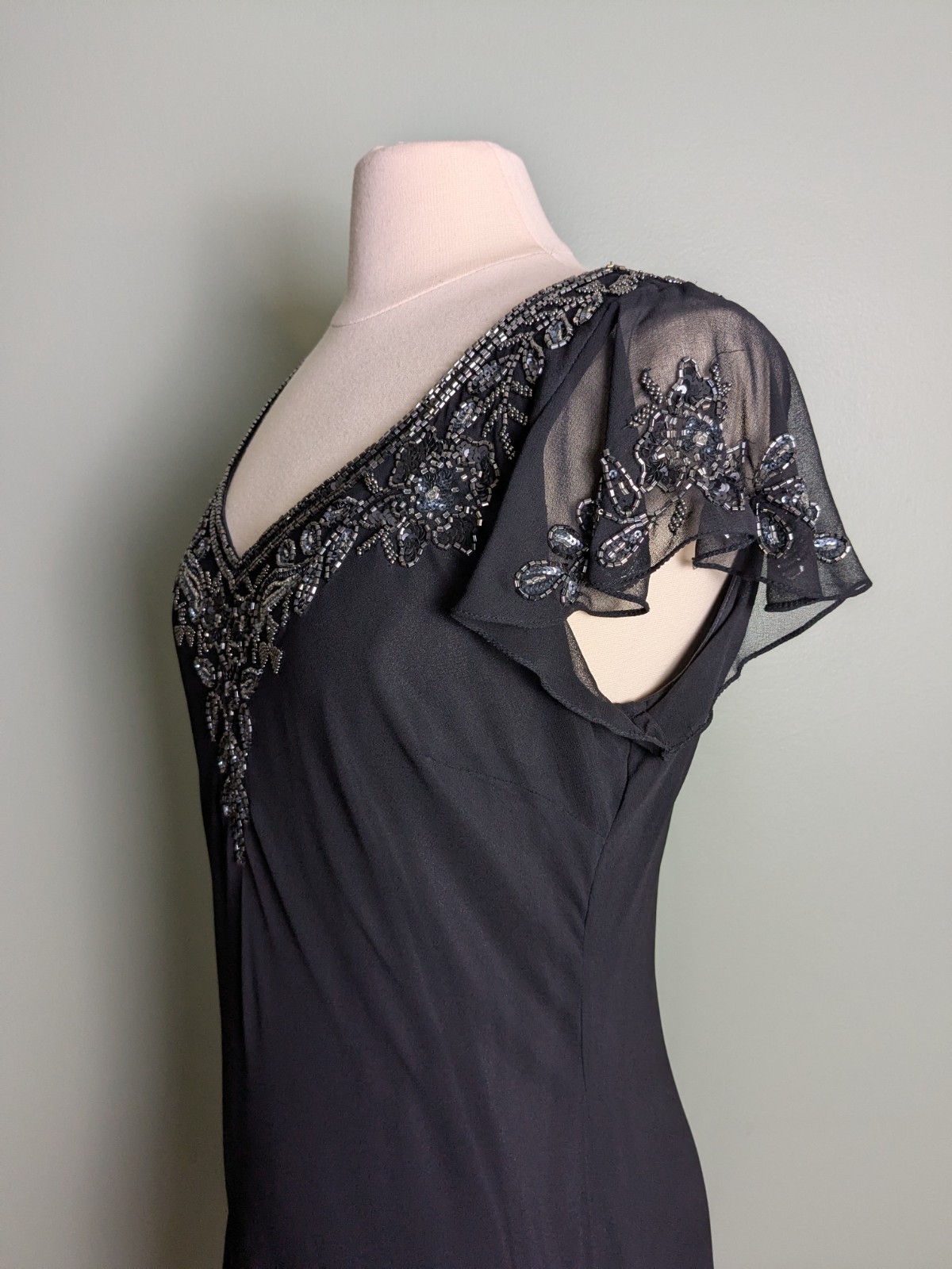 Old Hollywood Inspired Beaded Black Flowy Slip Dress