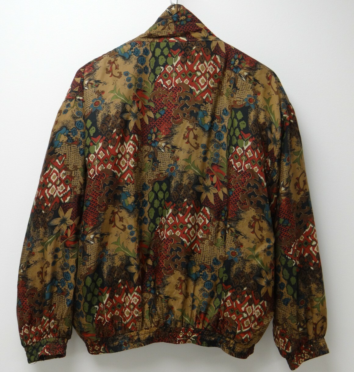 80s Silk Bomber Style Wind Breaker Printed Patchwork Pattern Sz Medium 100% Silk