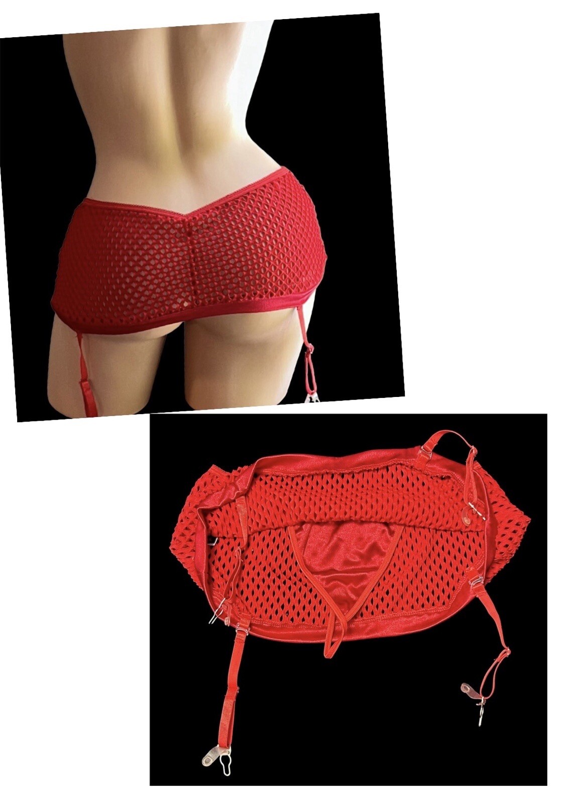 Risqué Red Slippery Satin Nylon Garter Belt G-String Panties Womens O/S NOS