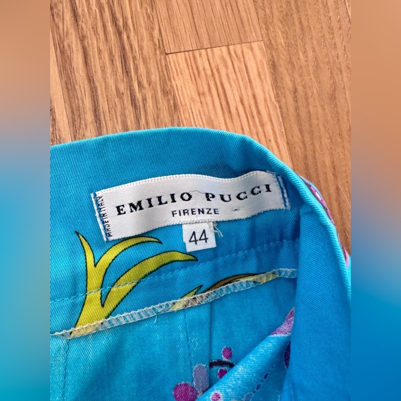90s Vintage Blue Cotton Emilio Pucci Mini Skirt Turquoise Baroque Floral Sz Sm