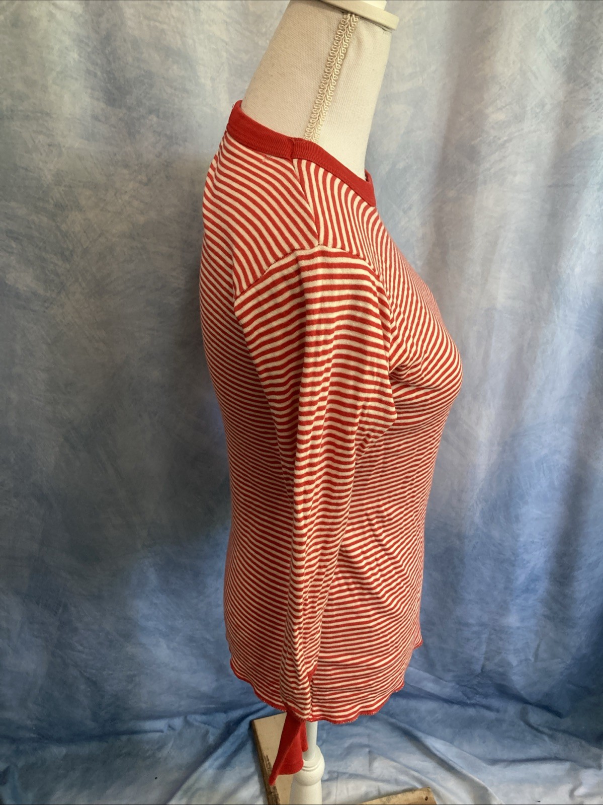 Vtg 60s Duofold Striped Base Layer Thermal Top Red Crewneck Wool Blend Womens XS