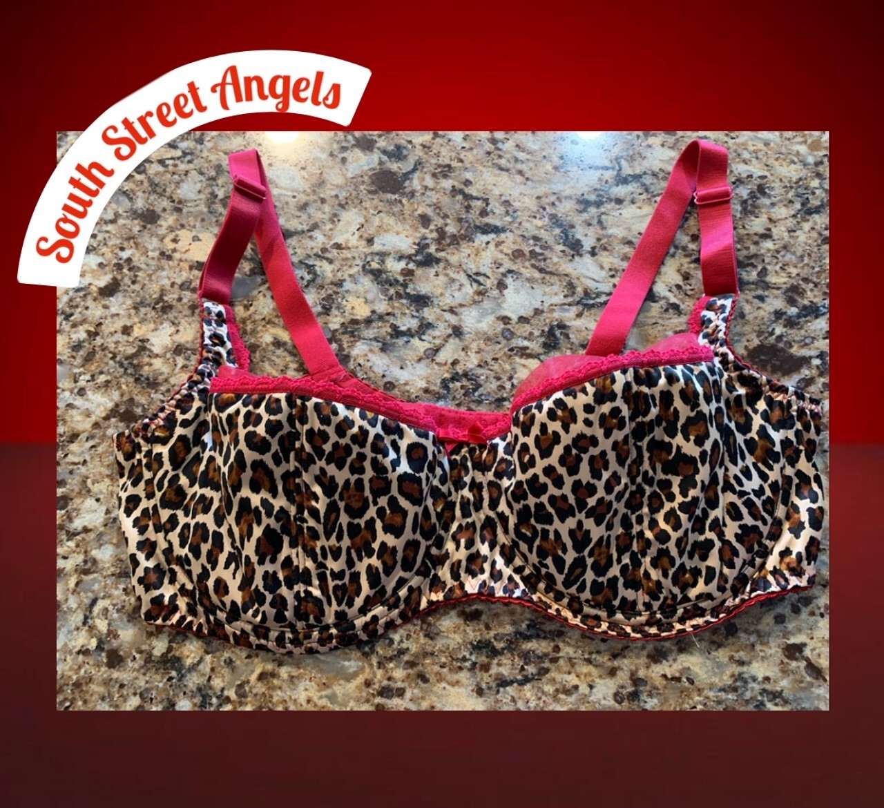 VINTAGE BETTIE PAGE SECRETS IN LACE ~ RED LEOPARD SATIN PLUNGE UW BRA SIZE 40DD