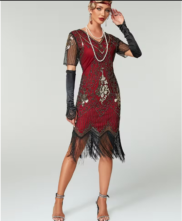 FLAPPER 1920s DRESS-1920s Sequin, Beade Gatsby Party Tassel Short Sleeve Dress