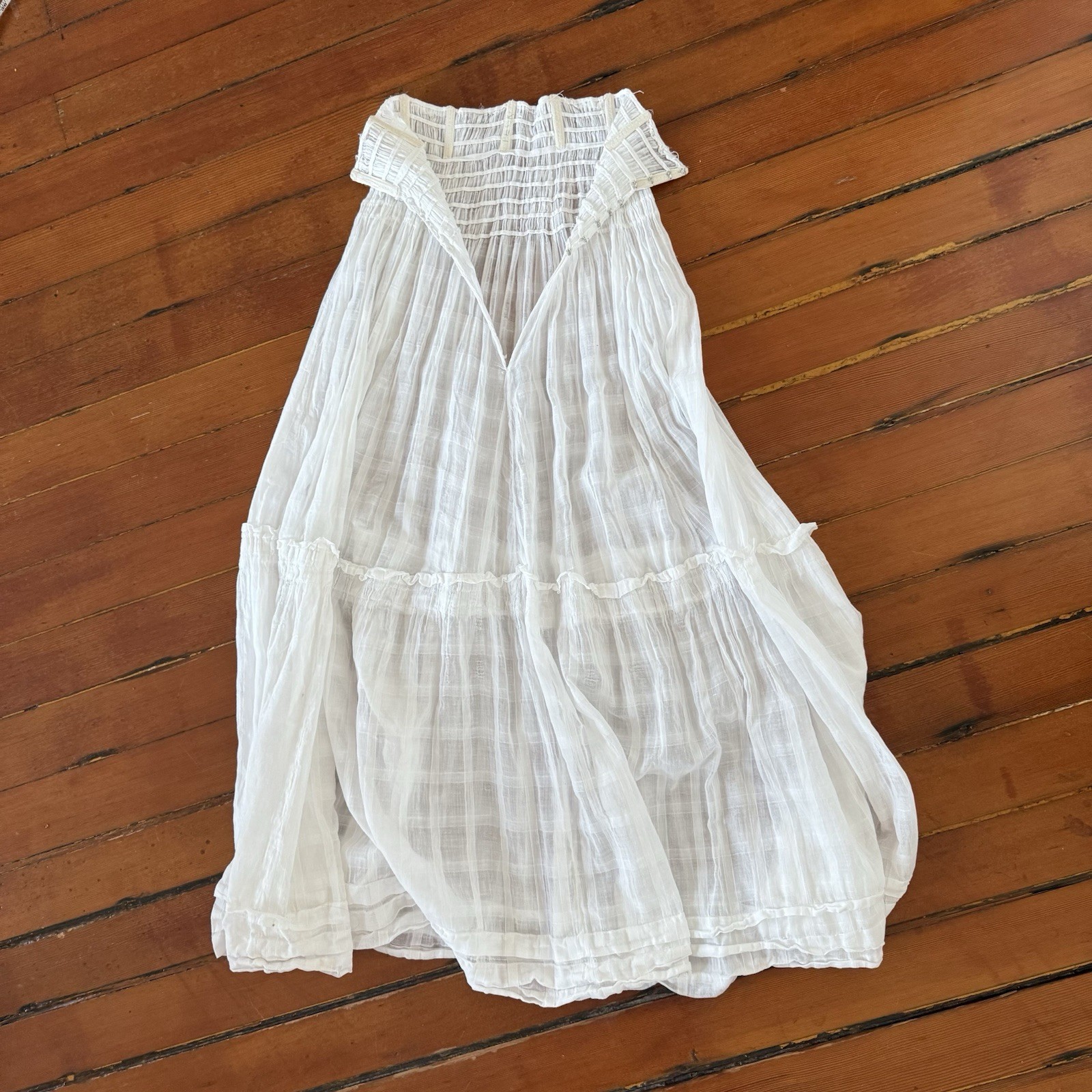 Antique Edwardian Sheer Windowpane Cotton Voile Skirt w Boned/Corseted Waist