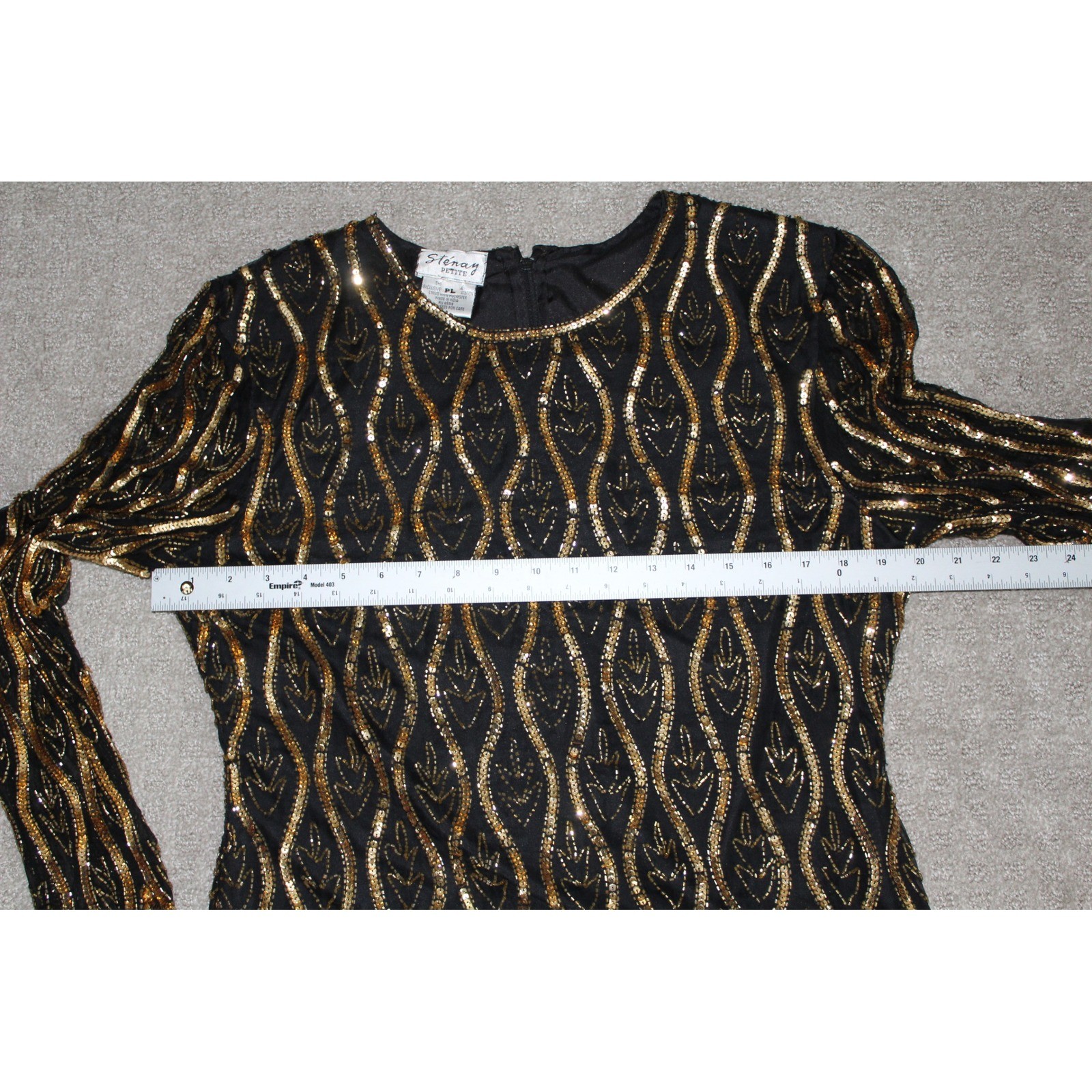 VTG Stenay Petite Gold Sequin Beaded Evening Top Black Art Deco Scalloped PL