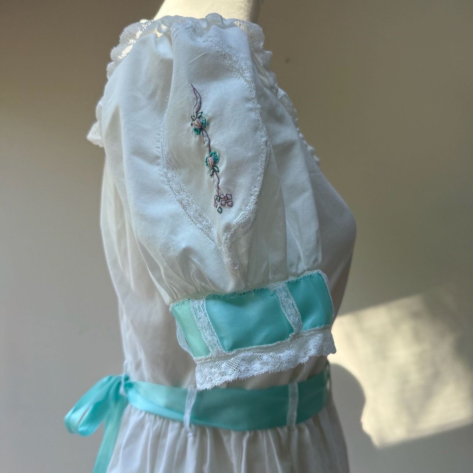 Vintage White Cotton Tea Dress with Aqua Ribbon Sash & Floral Embroidery