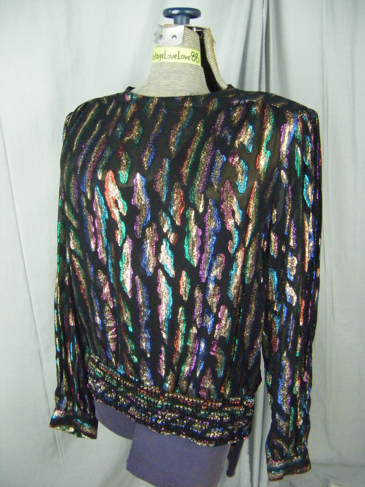 LLOYD WILLAMS Vtg 80s Semi Sheer Metallic Disco Crepe Top-Bust 44/M