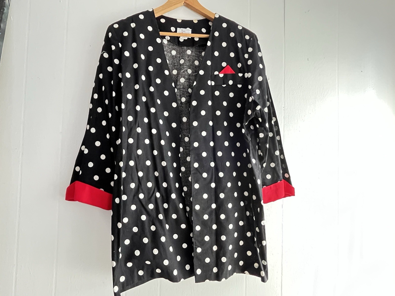 In Cinq Womens 80s Blazer Jacket Open Lightweight Black Polka Dot 46” Bust Max