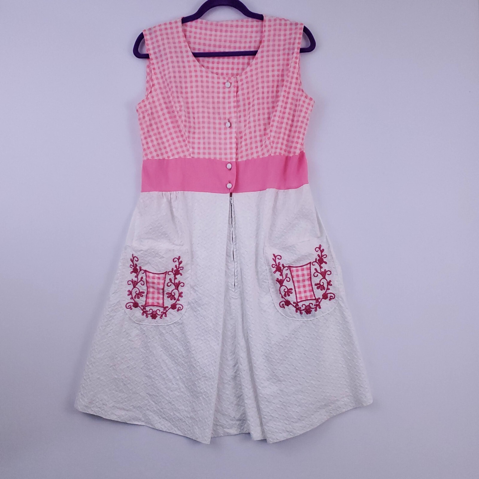 Vtg BarbieCore Pink White Gingham Cottage 60&rsquo;s Mini Tank Dress Embroidered S/M
