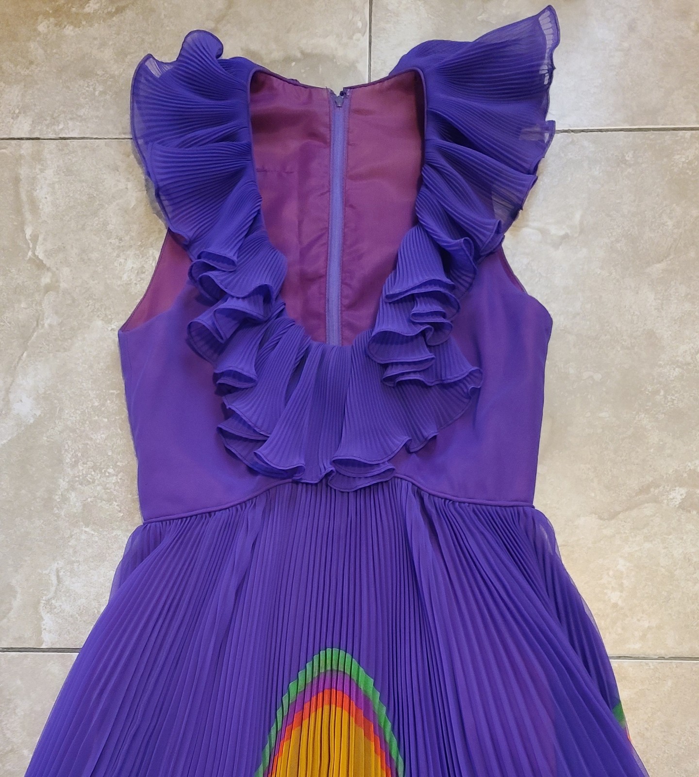VTG Chiffon Pleated Rainbow Stripe Purple Maxi Dress Ruffle Collar V Neck UV Glo