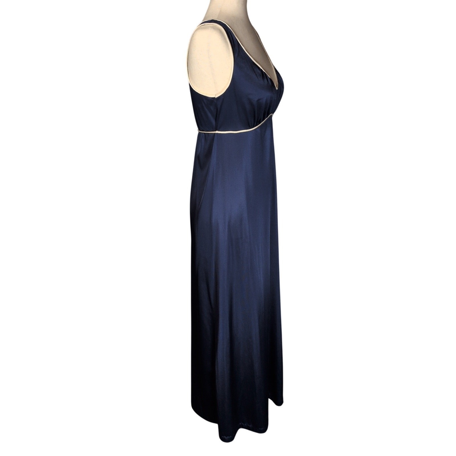 Vintage 70s JCPenney Blue Satin Maxi Nightgown Tie Sleeveless Slip Dress XS/S