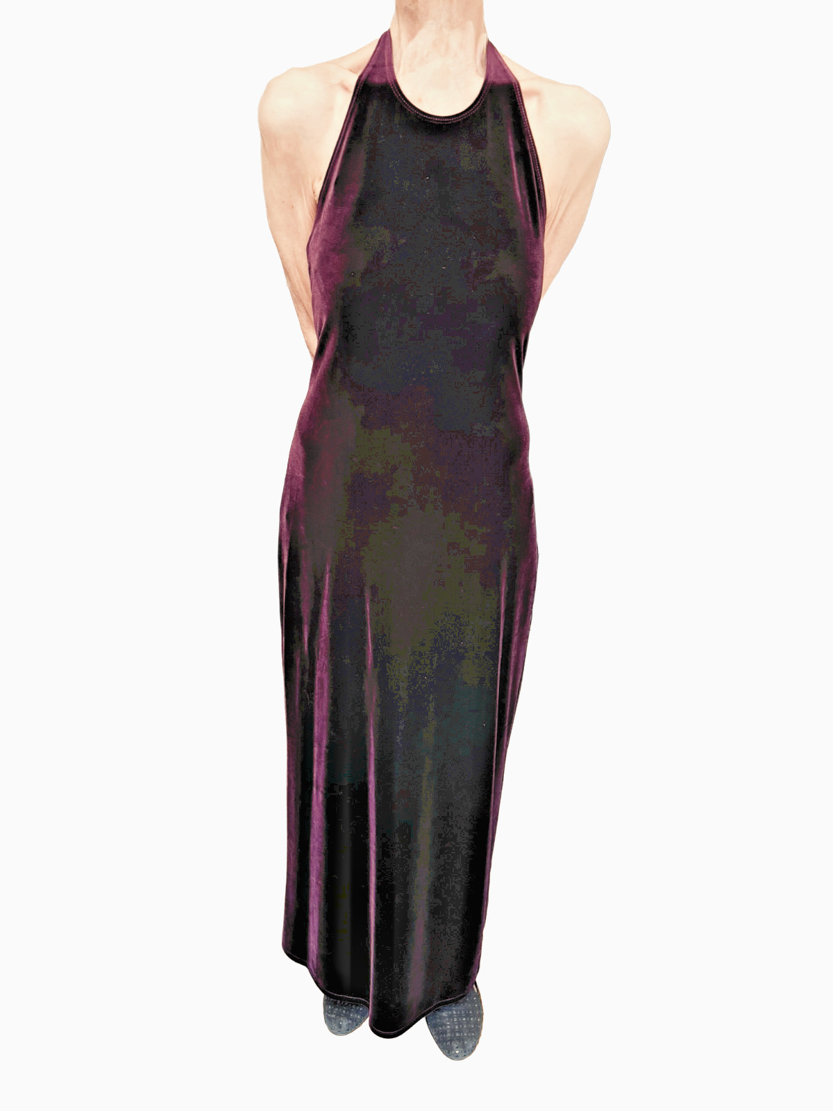 Vintage 90s Laundry Shelli Segal Burgundy Velvet Halter Bodycon Maxi Dress