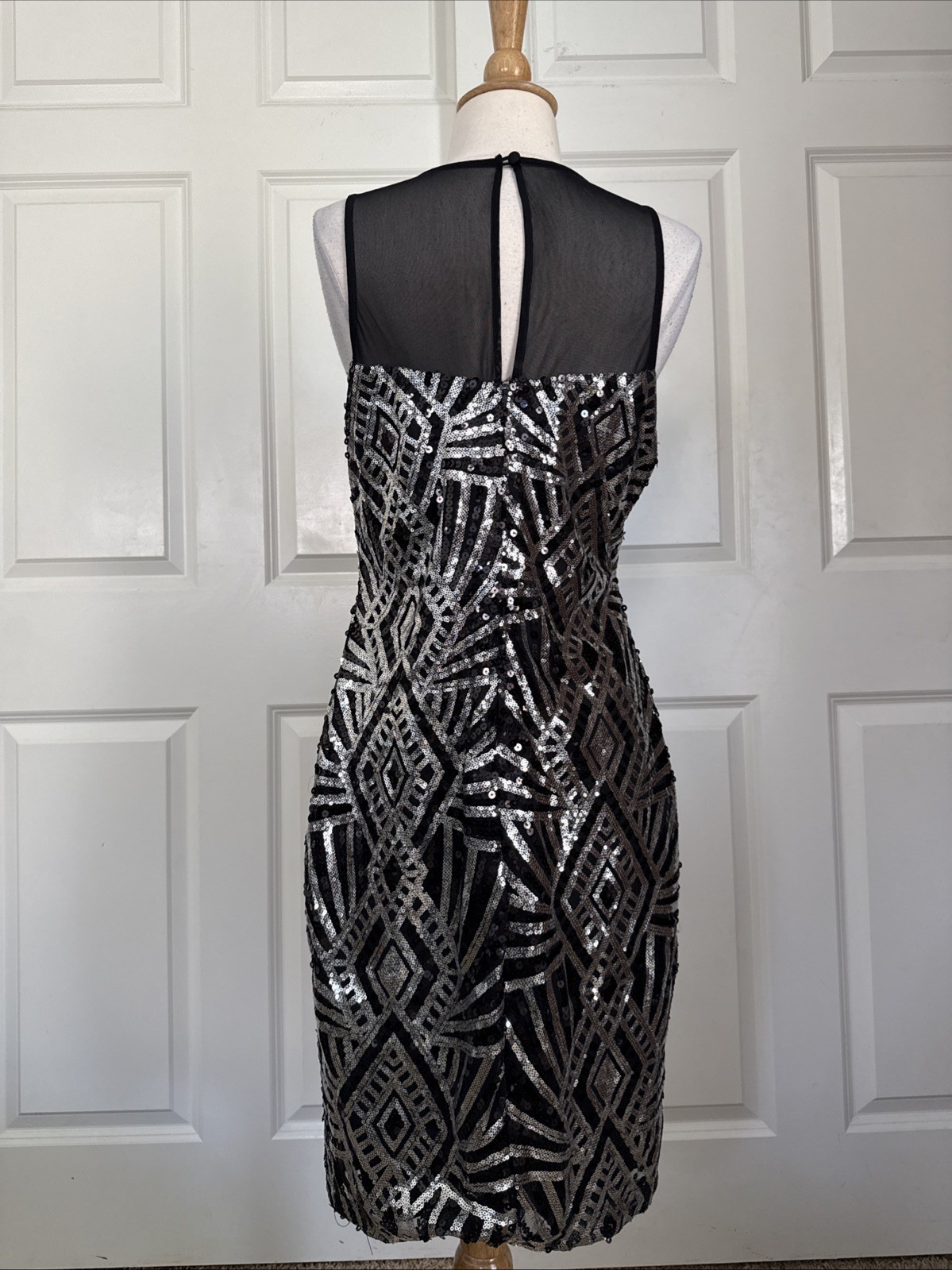 Vintage Bisou Bisou Black Silver Sequin Y2k Dress Mesh Sz 12 00s Midi Party