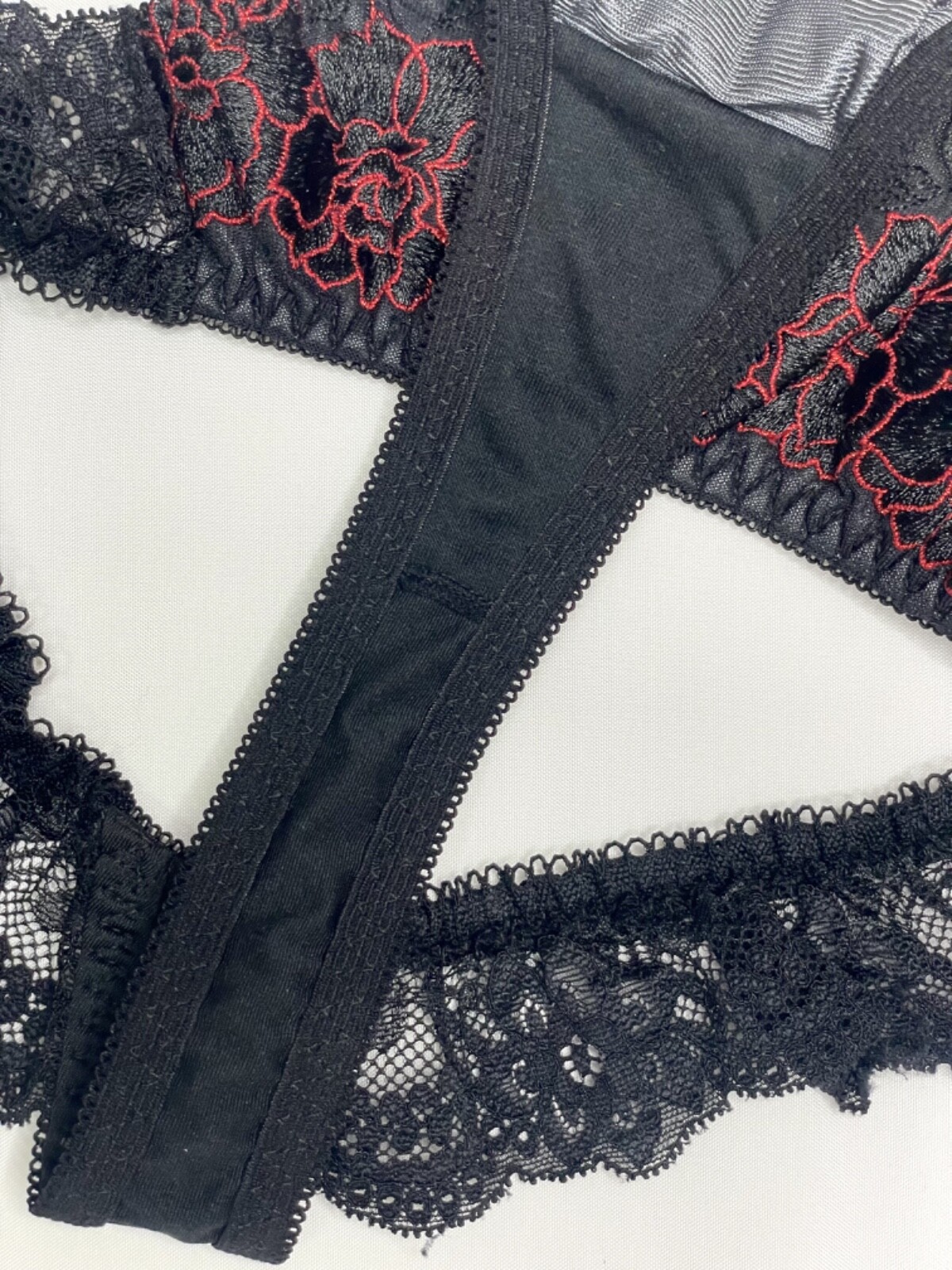 Vtg Deep Black Polyester Spandex String Panty Sz.5~6 Sheer Floral Lace Briefs