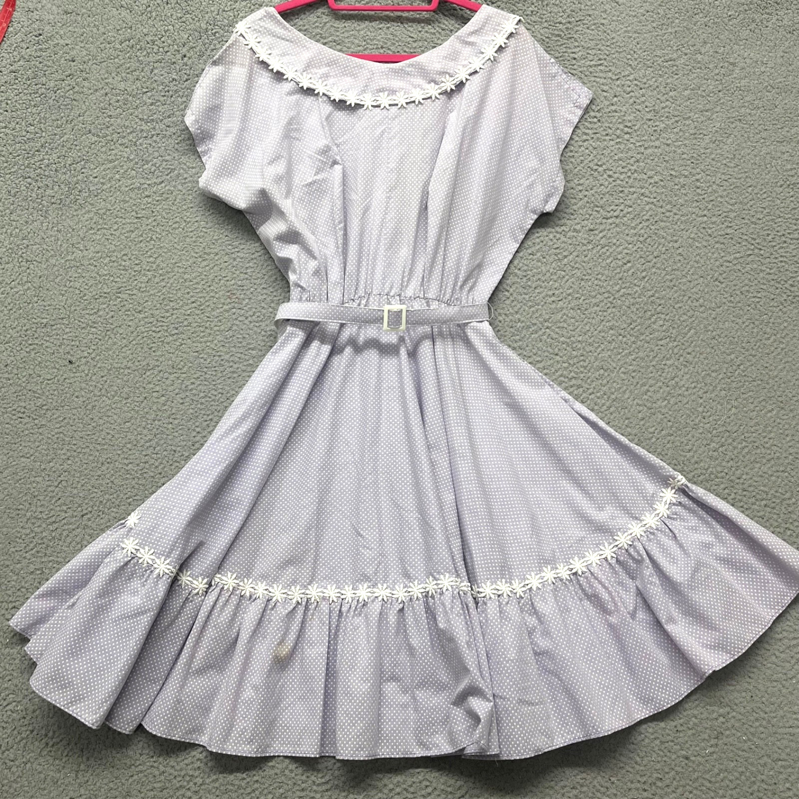 Vtg Homemade Dress Womens L Purple Polka Dot Floral Trim June Cleaver 60&rsquo;s Retro