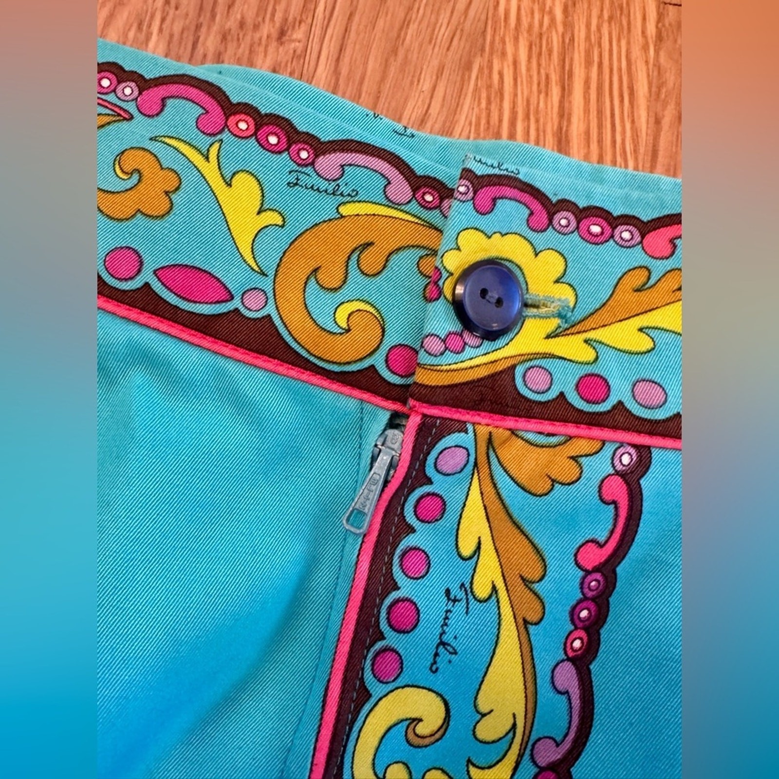 90s Vintage Blue Cotton Emilio Pucci Mini Skirt Turquoise Baroque Floral Sz Sm
