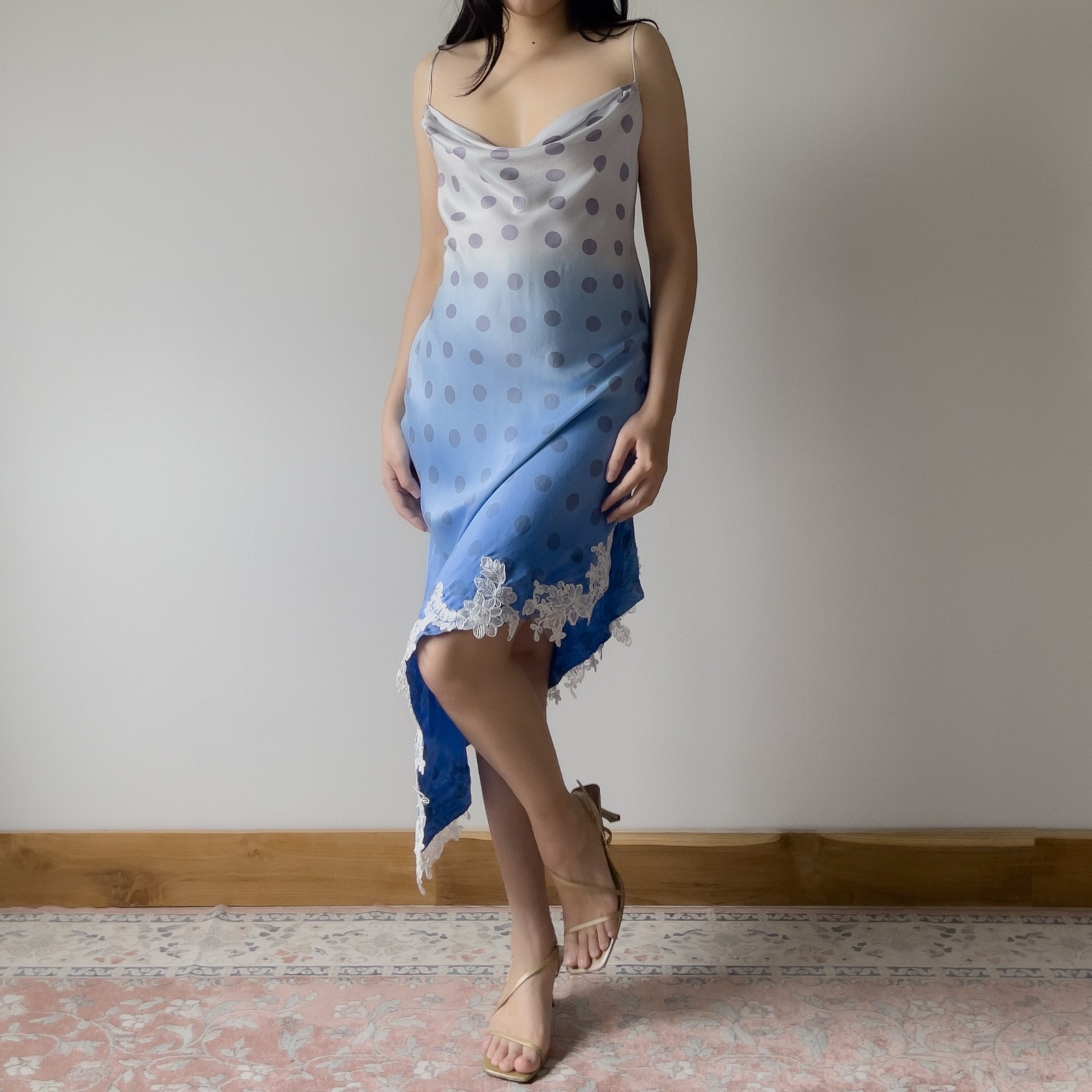 Vintage Pale Lavender & Hand-Dyed Blue Silk Polka Dot Slip Dress (S–M)