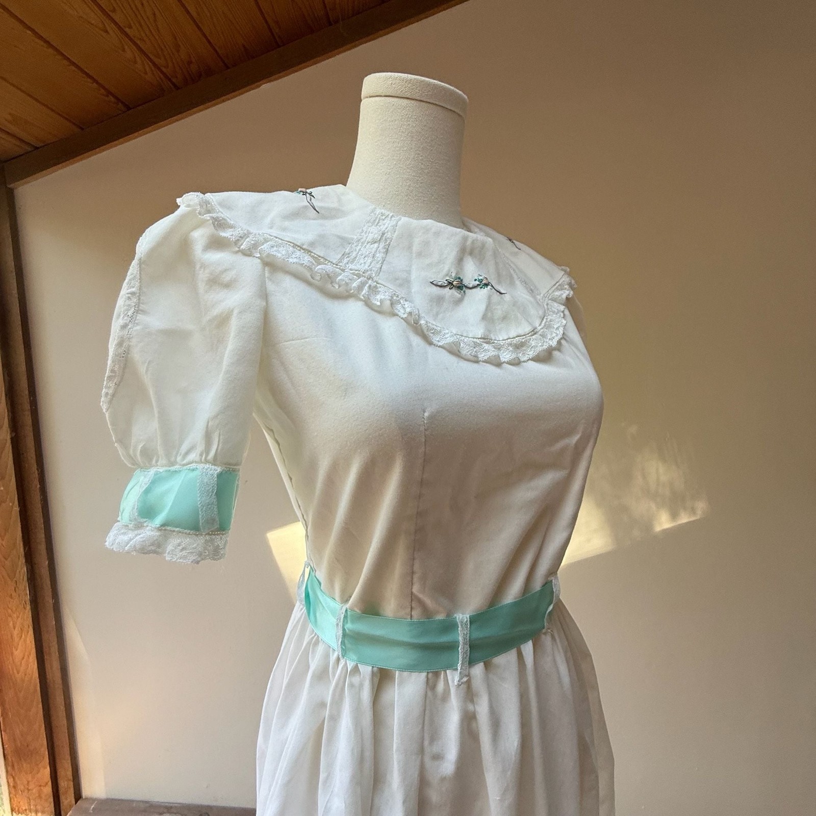 Vintage White Cotton Tea Dress with Aqua Ribbon Sash & Floral Embroidery