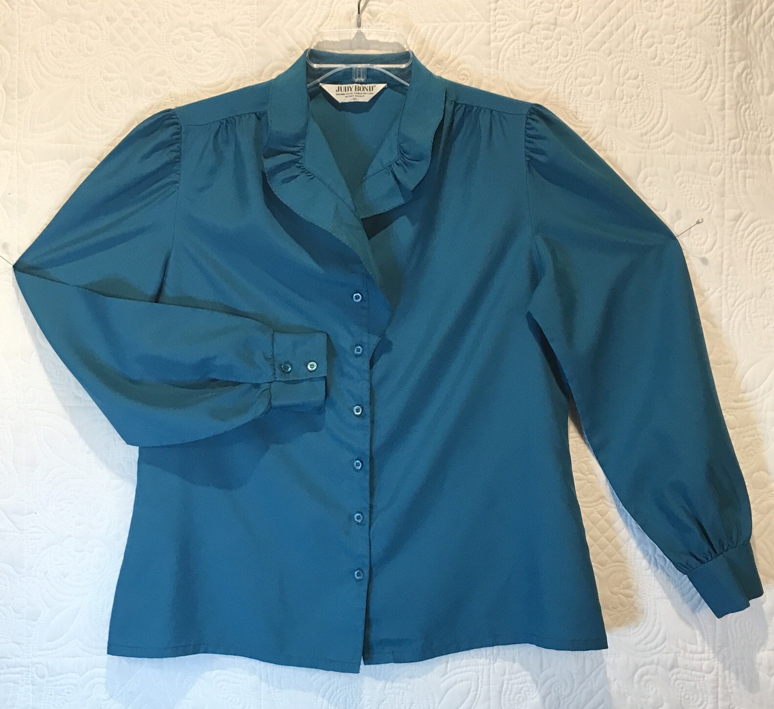 Vintage 1980’s Judy Bond blouse Button Ruffle Teal Geek/Secretary Silky Polyeste