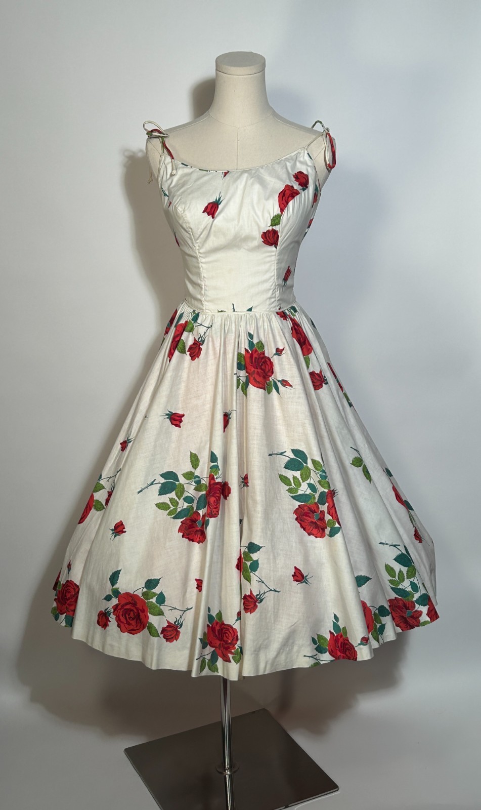 Early 1960s Cotton Full Circle Skirt Rose Floral Spaghetti Strap Dress McKay of