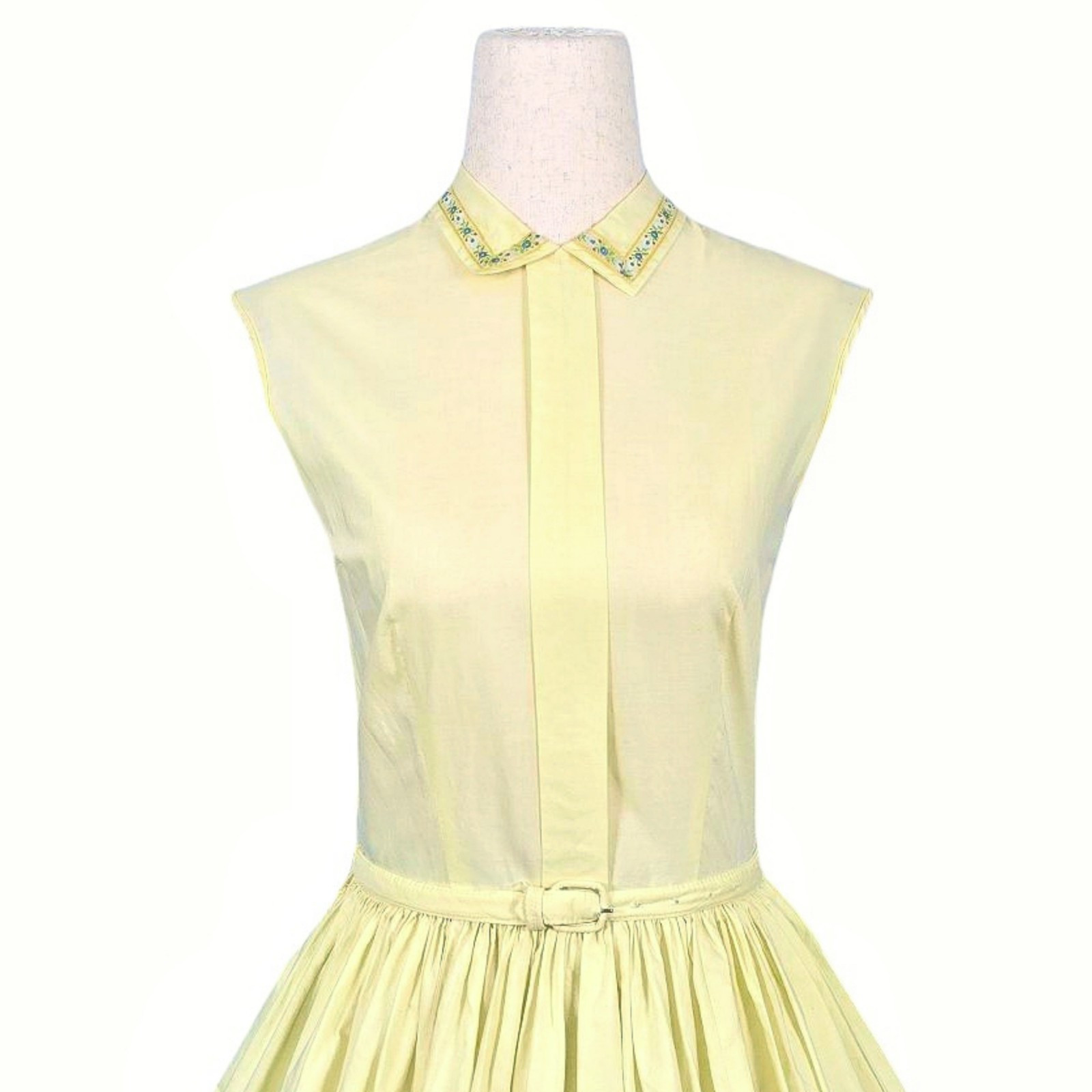 1950s Vintage Dress Belt Set 50s Summer Fit N Flare Cotton Yellow Embroidered XS