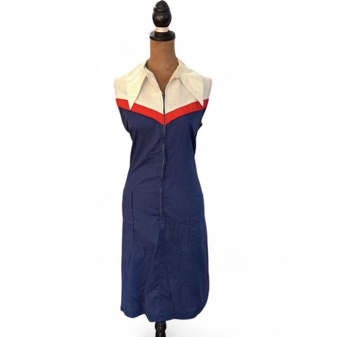 True Vintage 60s 70s Dagger Collar Zipper Dress Red White Navy Medium 14/16