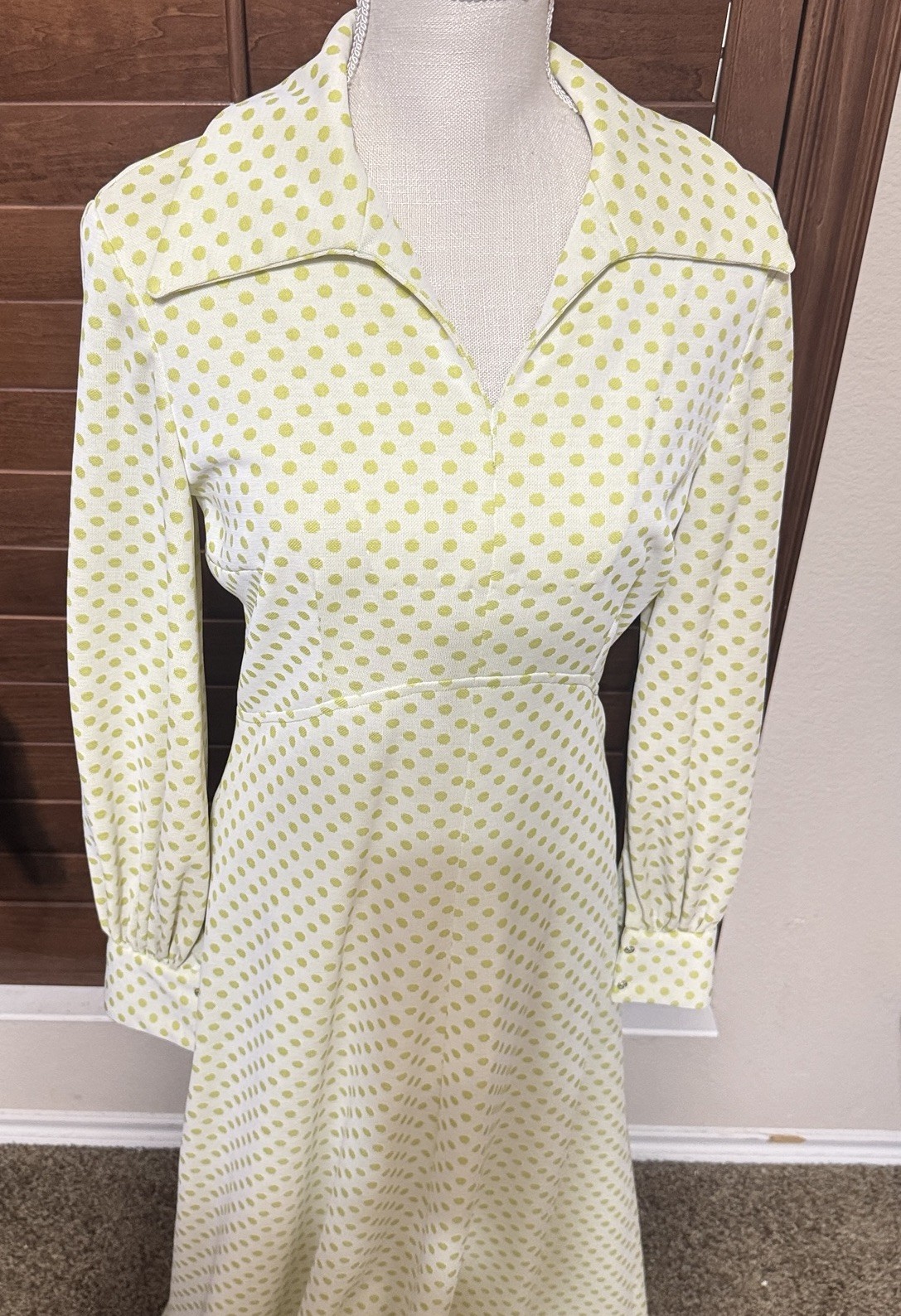 Vintage Maxi Dress 70s Yellow Polka Dot Homemade Prom Dagger Collar Mod Sz M