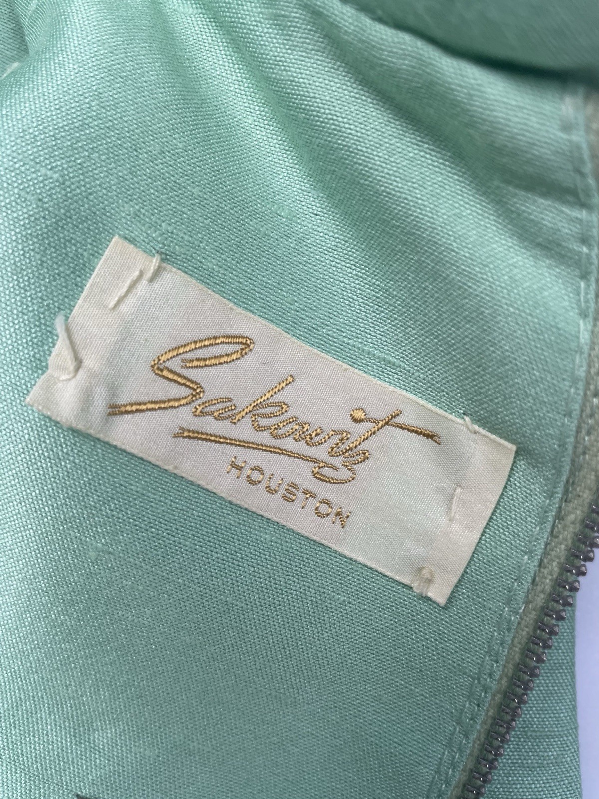 Vtg 60s Sakowitz Mint Green Dress Jacket Set Beaded Rhinestone Collar Suit Sz 12