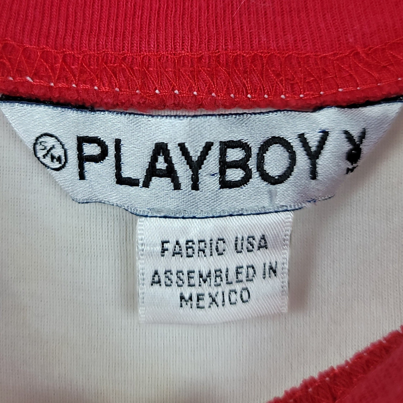 Vintage Playboy Women White Red Ringer T-Shirt Glitter Bunny Logo 25-347 Small