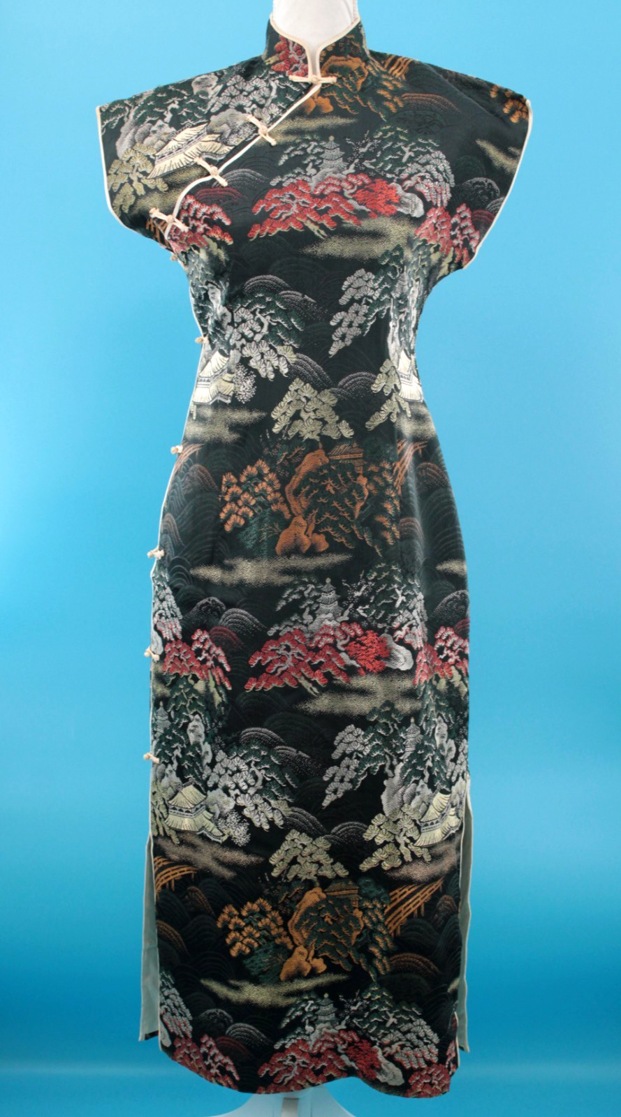 VTG Women&rsquo;s 50s Black Multi Color Brocade Cheongsam Dress Sz S/M 1950s Jacquard