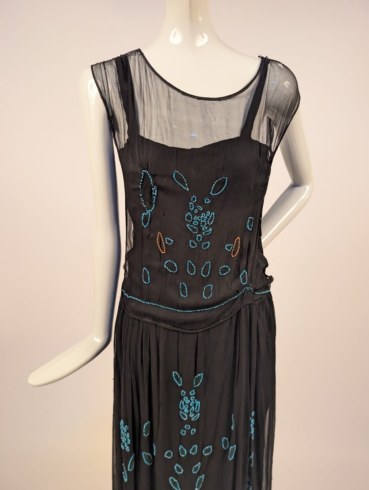 FLAPPER 1920’S SHEER SILK CHIFFON DRESS W BLUE GLASS BEADING