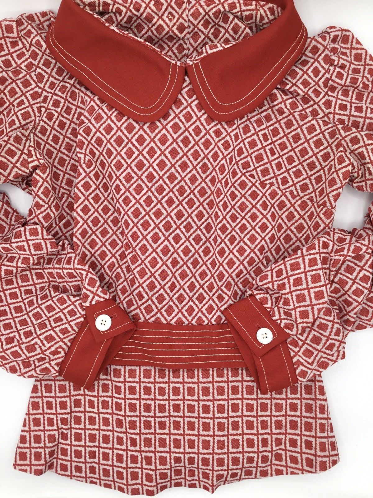 60’s-70’s💥Vicky Vaughn Crop 2pc Skirt Set Red White Geometric Mod, Sz. XS/SM