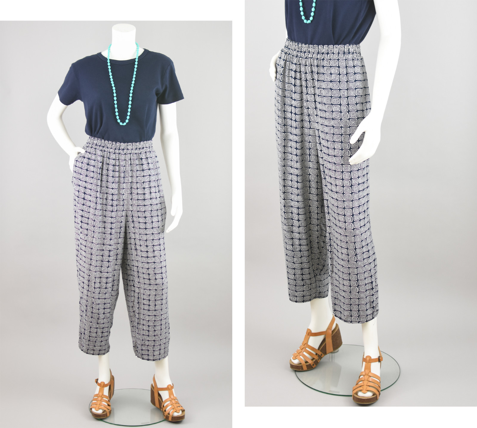 Vintage Navy Blue & White Elastic Waist Easy Pants, Women&rsquo;s 28 – 33&Prime; Waist