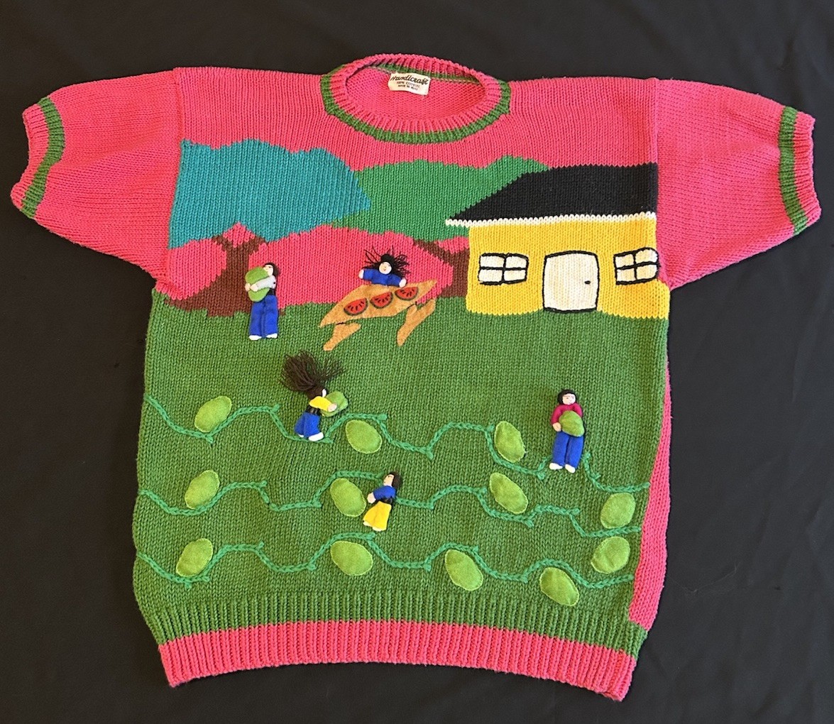 VTG 80&rsquo;s PICKING WATERMELON HANDMADE PERUVIAN EMBELLISHED NOVELTY SWEATER S-LG