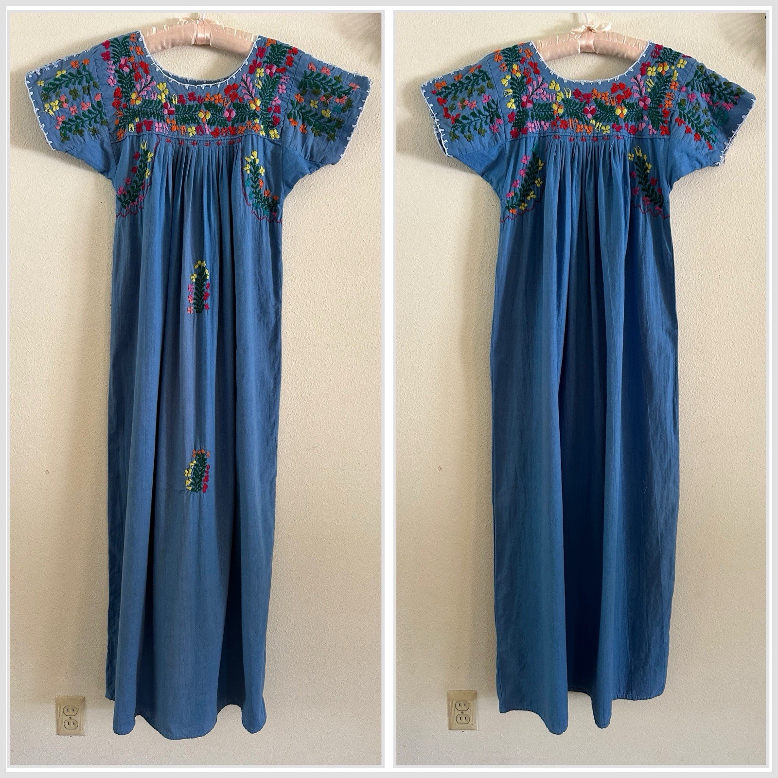 1970s Blue Cotton Oaxacan Mexican Huipil Dress Embroidered Floral Maxi Sz S VTG