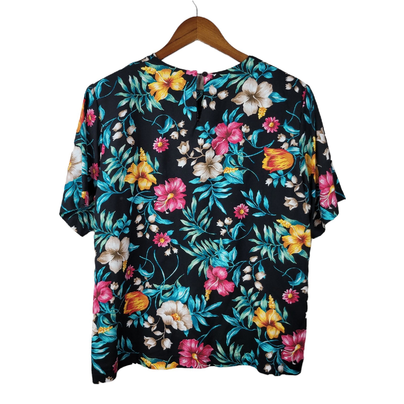 Vintage 80s Hawaiian Top Boxy Shirt floral size Medium Tropical Hibiscus Fern