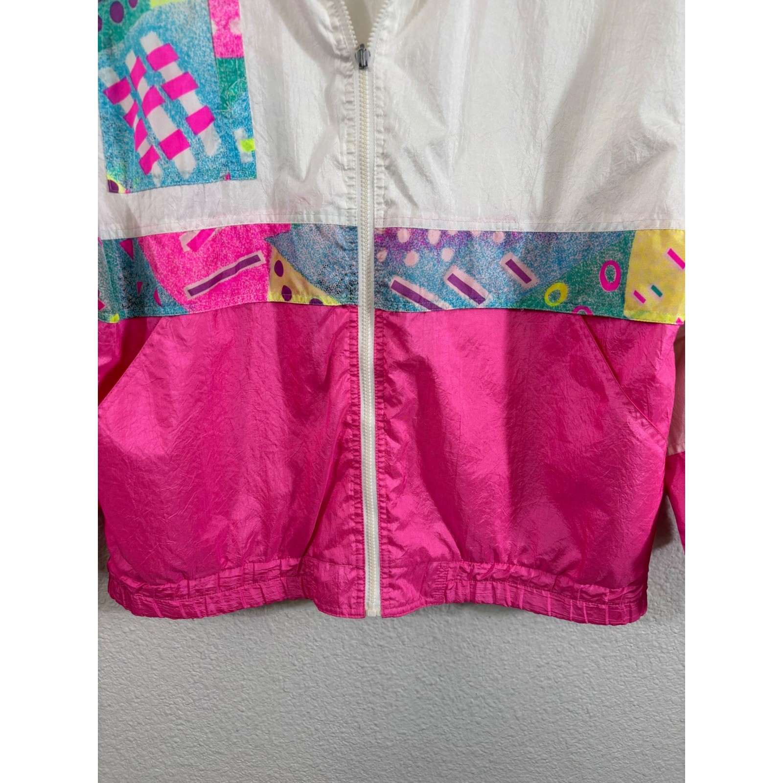 Vintage 80s Reversible Windbreaker Jacket Neon Pink White Geometric Pop Art