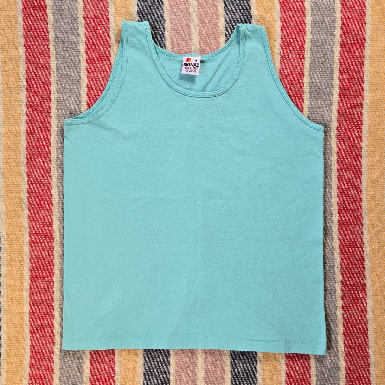 Vintage Tank Top Aqua Blue Cotton Signal Mega-Tee Made in USA Medium Womens