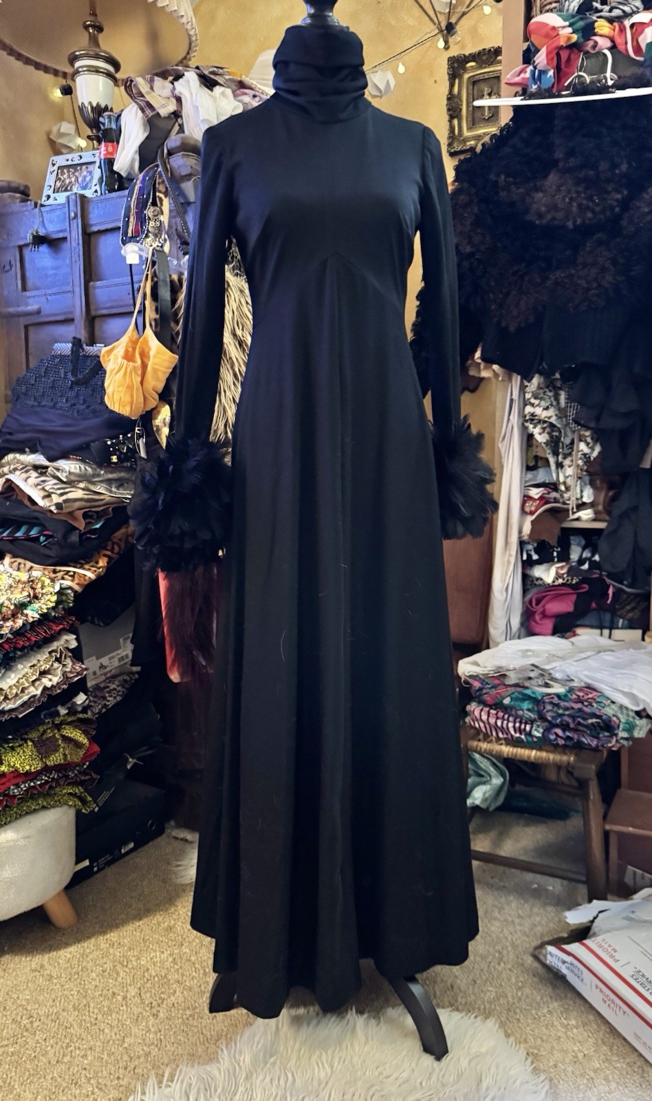 Vtg Joseph Magnin Black Feather Cuff Maxi Dress Goddess Gown Empire 60s 70s S