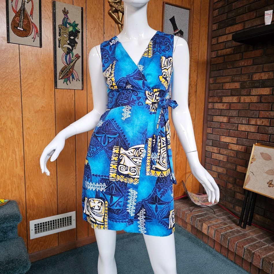 Vtg 60s Hawaiian Polynesian Bazaar Tapa Tribal Sarong Wrap Tiki Vegas Dress S