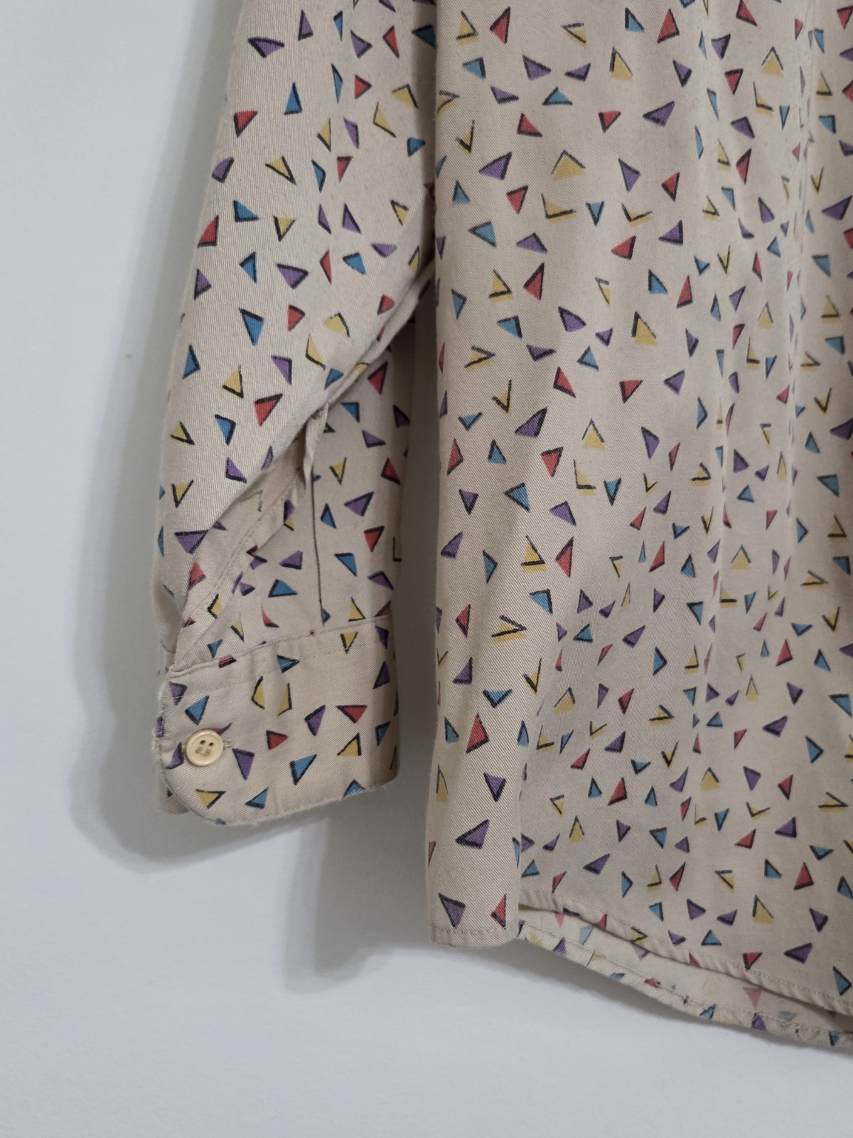 Vintage Just Cristina Button-Up Beige Tan Shirt With Multicolor Triangles Size M