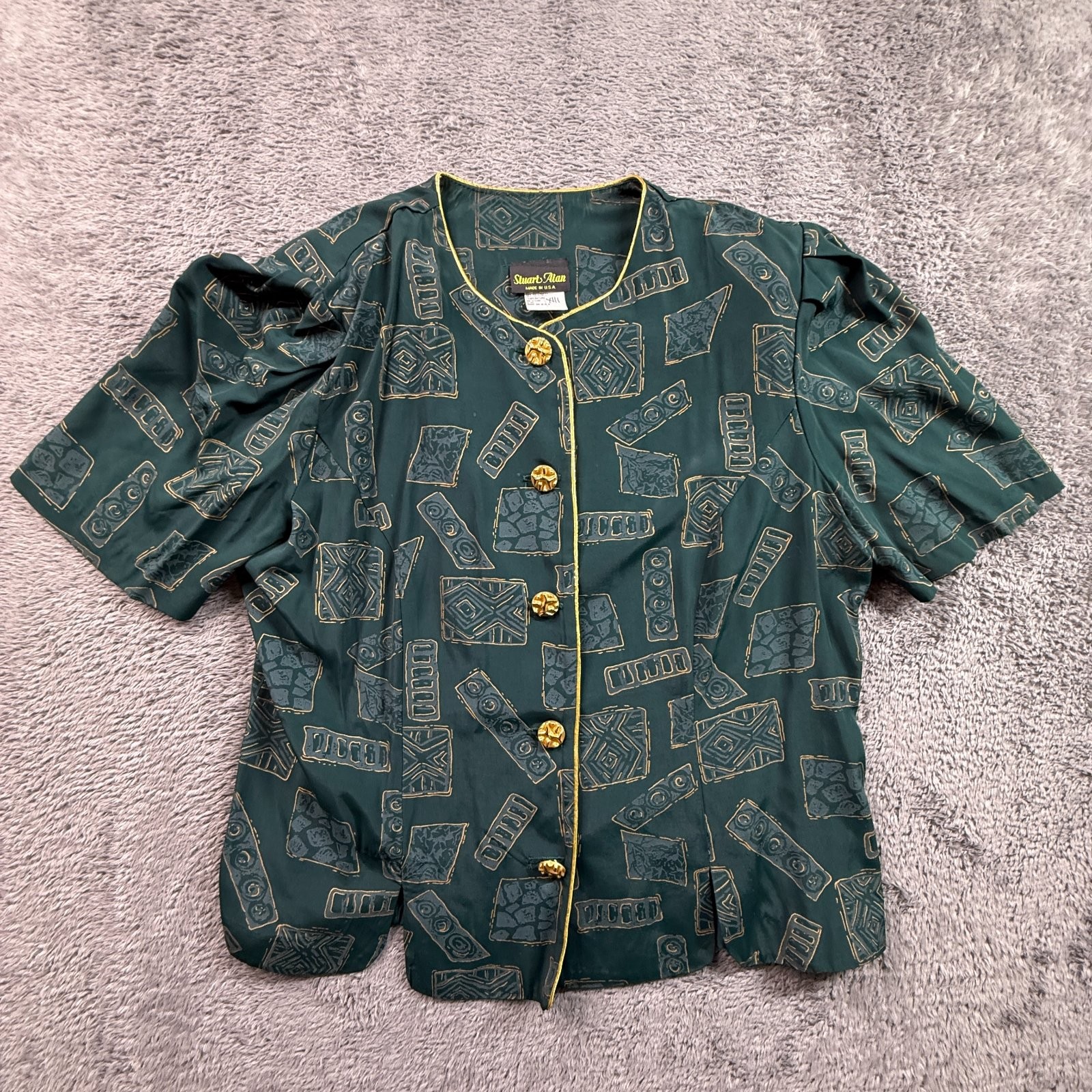 Stuart Alan Womens 16 Vintage 80s Button Up Blouse Green Gold Geometric Print