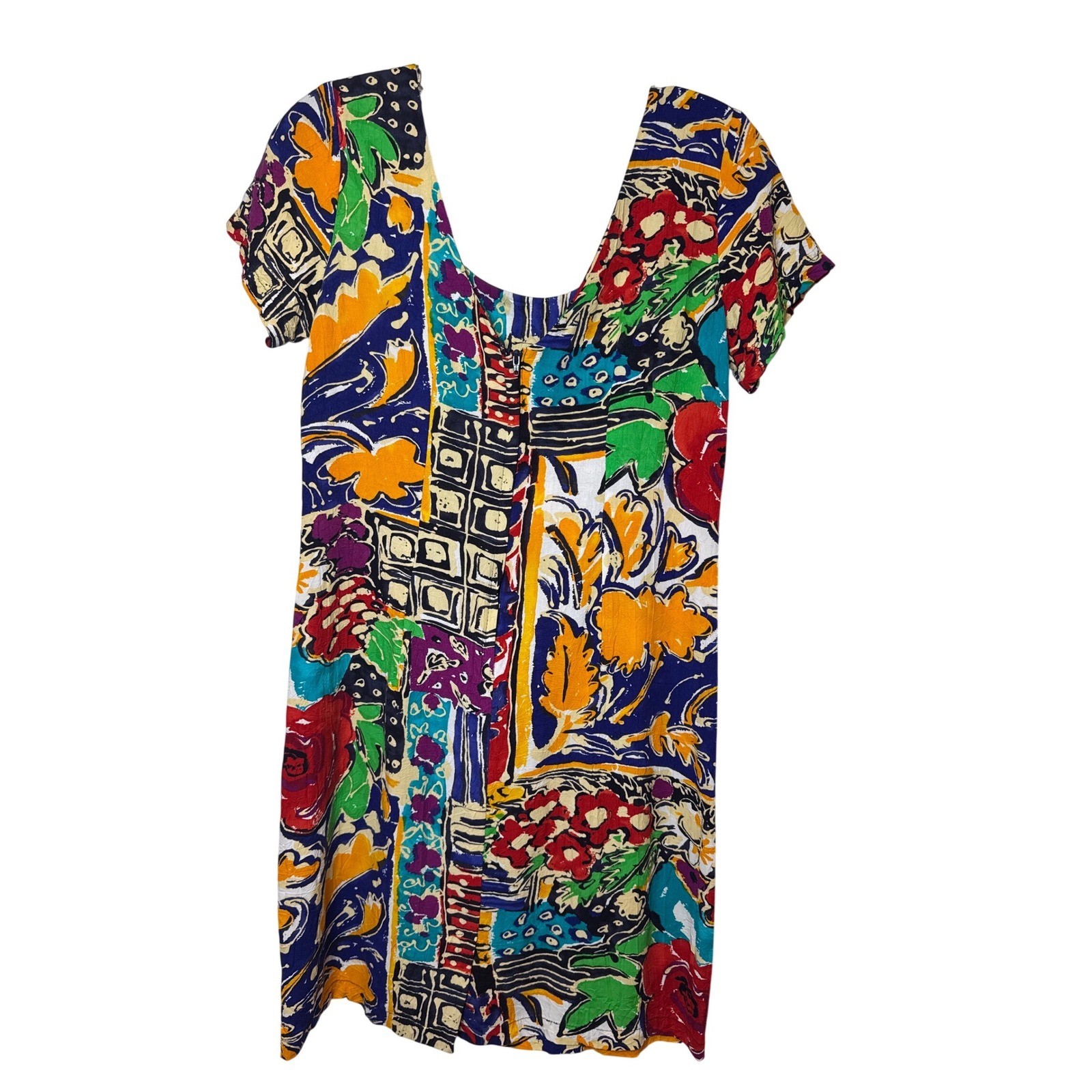 Jams World Vintage 90s Abstract Floral Patchwork Rayon Shift Mini Dress Size 11