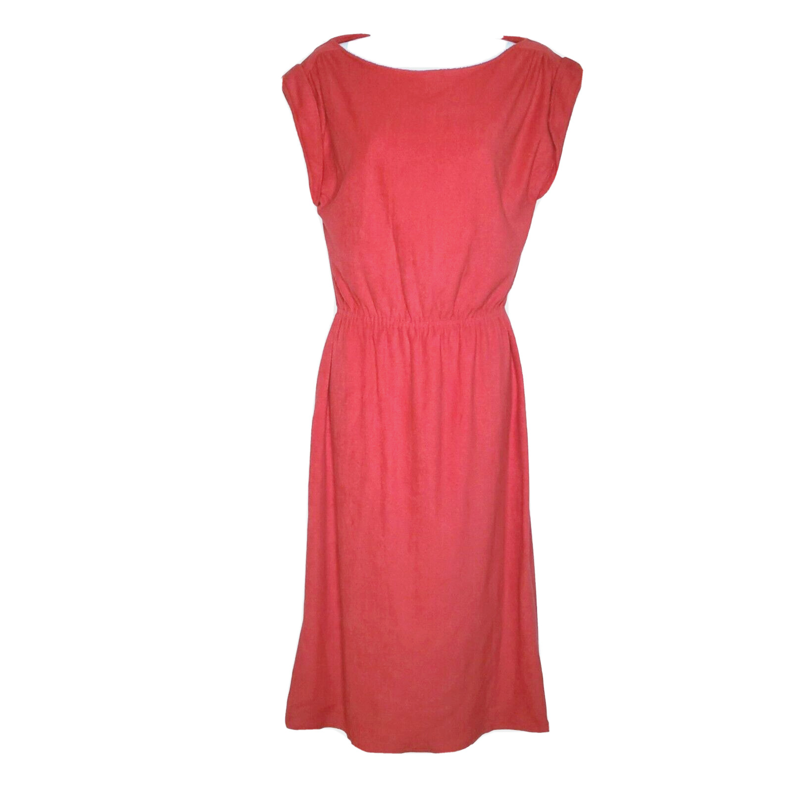 Vintage 70s Terry Cloth Midi Dress Red M Boat Neck Cap Sleeve Cinch Waist