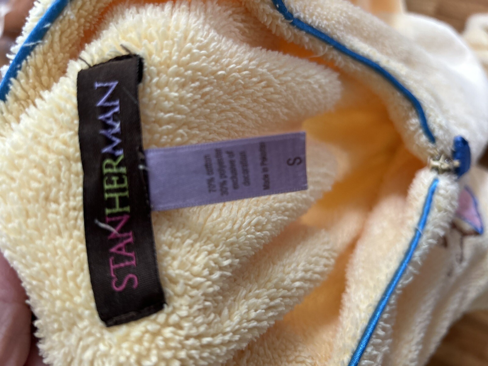 Vintage Stan Herman Chenille Robe House Coat Full Zip Yellow Coffee Cup Muffin S