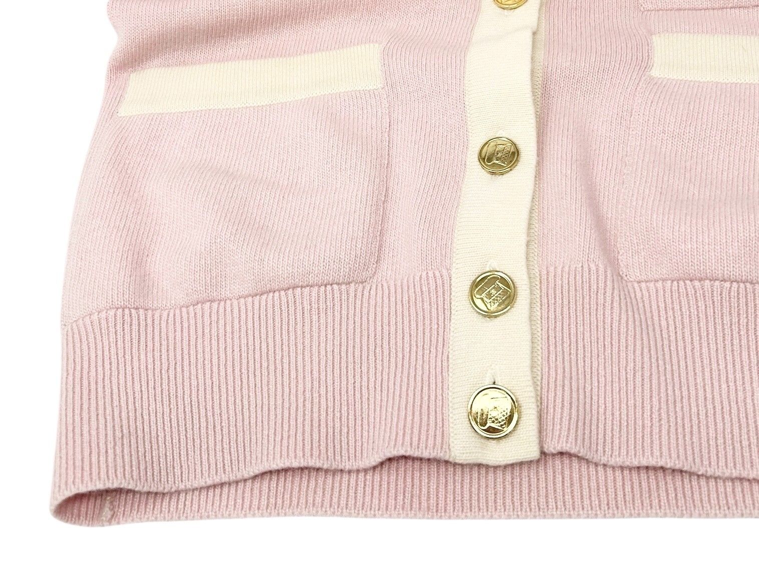 CHANEL Vintage CC Mark Logo Cardigan Pink Cream Cashmere Button Pockets Sweater