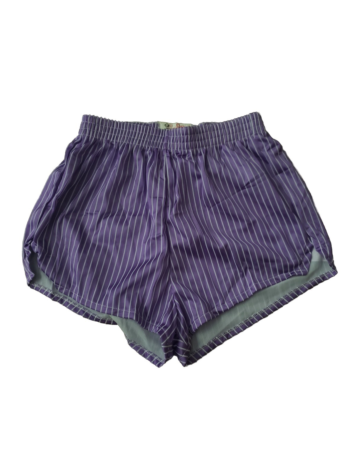 NEW VTG 80s Genie Purple Stripe All Nylon Short Shorts Sz S Rollerskate Jog Gym