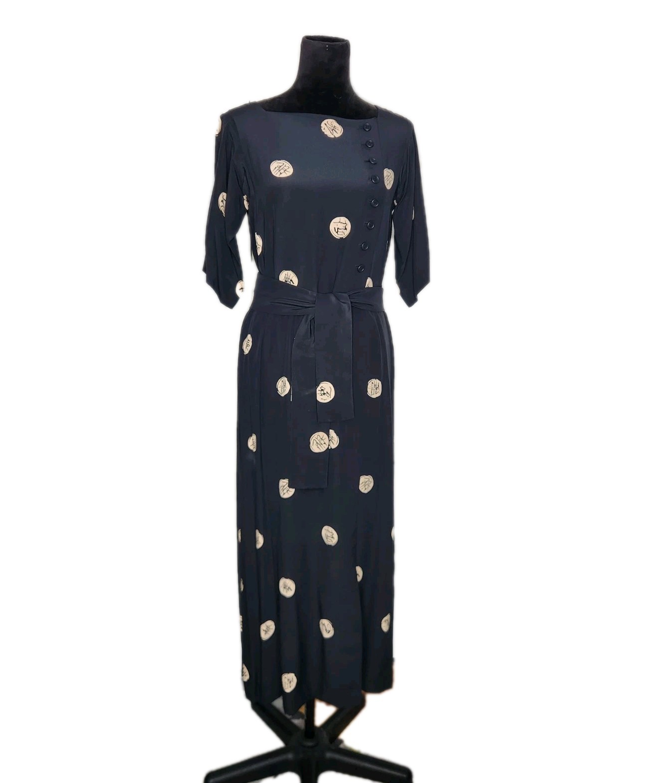 Lanvin Vintage 80s Black Silk Shift Belted Midi Dress Asian Inspired No Size Tag