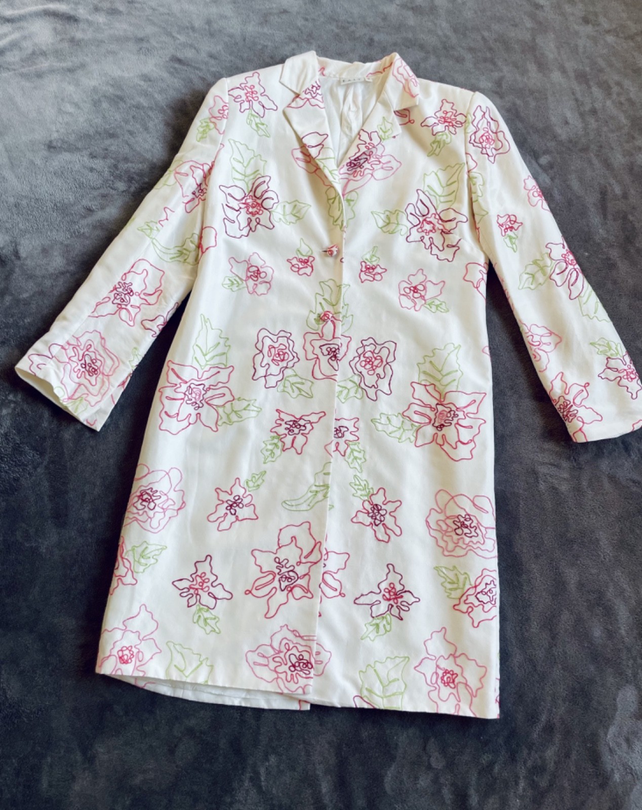 Vintage Silk Coat with Embroidered Pink Flowers, Knee-Length Jacket