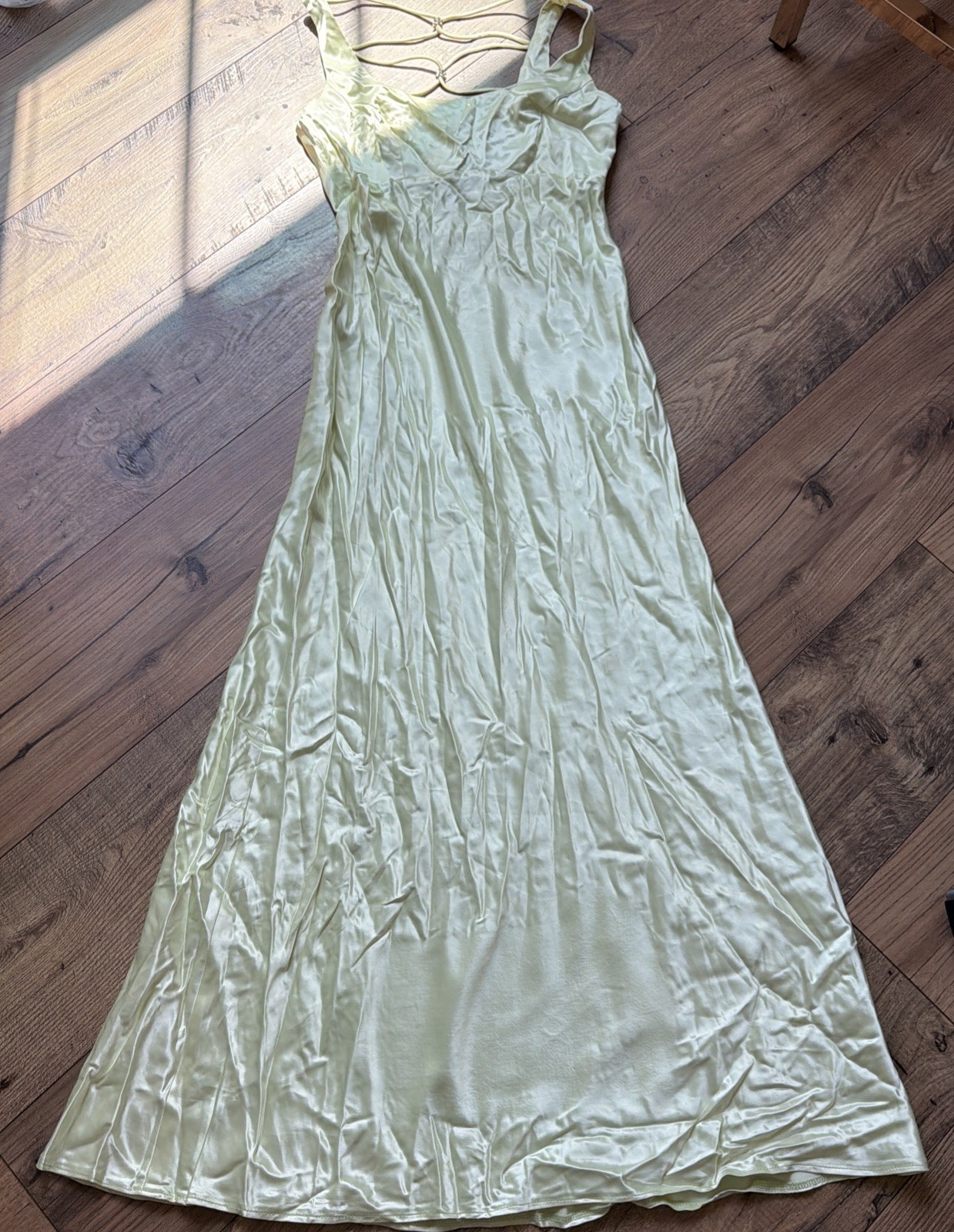 Vintage Zum Zum Dress 90s Y2K Pastel Yellow Satin Maxi Gown Made in USA Prom Sz5